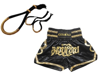 Mongkol Prajead set met Muay Thai Shorts: Set-Mongkol-ThaiStyle-Zwart-Goud-121-Zwart