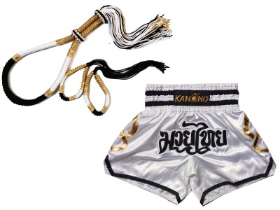 Mongkol Prajead set met Muay Thai Shorts: Set-Mongkol-ThaiStyle-Wit-Zwart-Goud-143-Wit